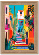 impression toile tableau peinture paysage exotique rue bordee de facade et de plante aux couleurs éclatante idee cadeau noel anniversaire mariage decoration moderne tendance design contemporaine chix luxe raffinement promo soldes 