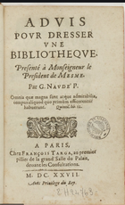 Gabriel Naudé Advis pour dresser une bibliothèque