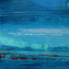 abstract oil painting in shades of blue with red lines in the bottom third.