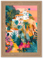 impression tableau toile peinture decoration interieur murale paysage village blanc sur colline  entouré de vegetation exotique palmier aux couleurs acidulée tonique pop indee cadeau noel anniversaire moderne tendance desing contemporain choic luxe raffin