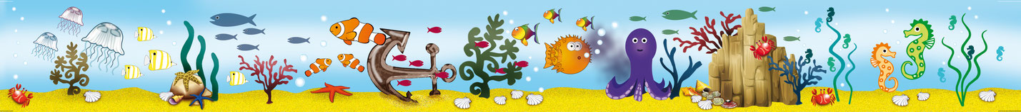 Kinderbordüre mit Unterwasserwelt, viele Fische, einem Kraken, Kugelfisch, Anker, Seepferdchen, Anemonenfische,