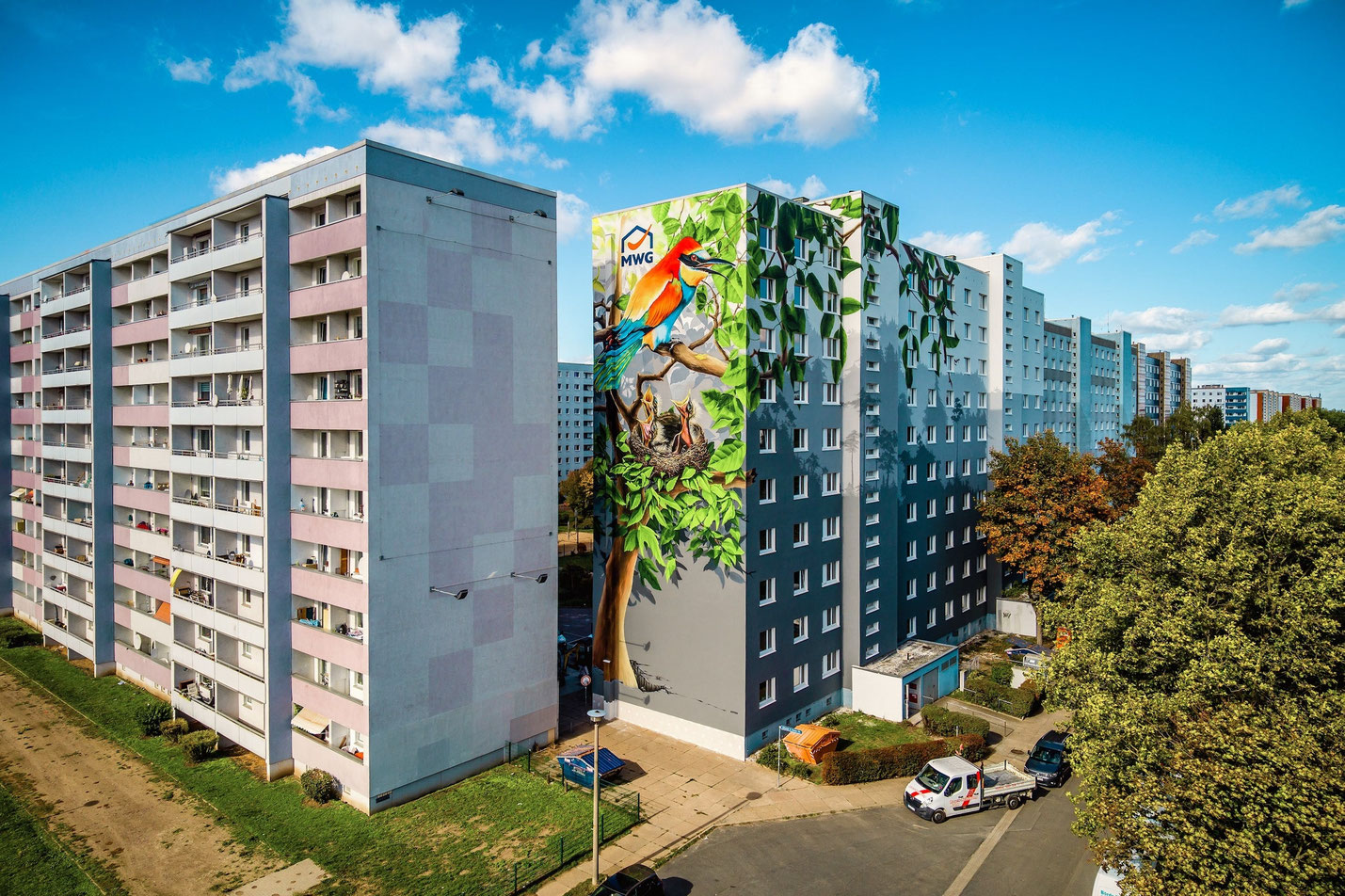 Fassadengestaltung Giebelwand 3d Bild mit Graffiti wohnungsbau Magdeburg