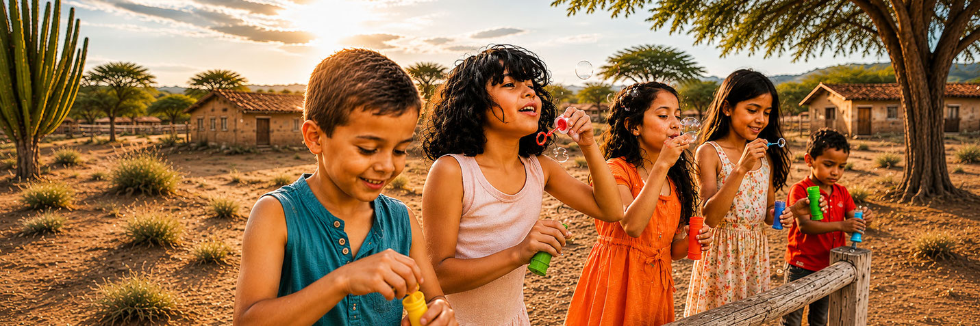 Freiwilligenarbeit in Brasilien. Kinder spielen mit Seifenblasen im Sertão Brasiliens