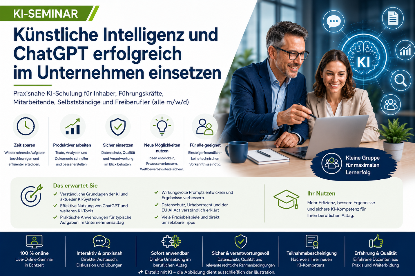 KI-Seminar für Unternehmen: Führungskräfte und Mitarbeitende nutzen Künstliche Intelligenz zur effizienteren Gestaltung von Arbeitsprozessen | KI-generierte Illustration