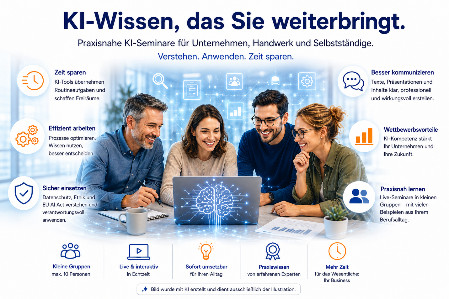 Illustration einer KI-Weiterbildung mit Teilnehmenden in einem Live-Online-Seminar. Praxisnahe KI-Seminare für Unternehmen, Handwerk, Selbstständige und Bildungseinrichtungen | Bild KI-generiert