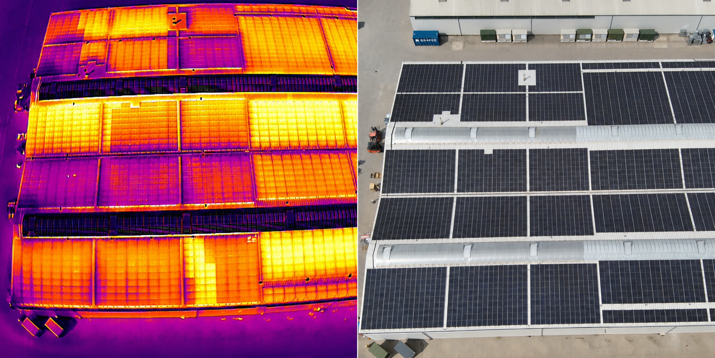 Thermografische Gesamtaufnahme und Luftbild einer 775-kWp-Photovoltaikanlage auf Industriehallen in Ahlhorn zur Analyse und Dokumentation thermischer Auffälligkeiten.