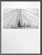 Druckgrafik, Radierung, Kaltnadelradierung, Schwarze Kunst, Art, Kunst, Etching, Printmaking, Cologne, Köln, Landschaft, Brücken,  Rhein, Fluss, Severinsbrücke, Severin, Wasser