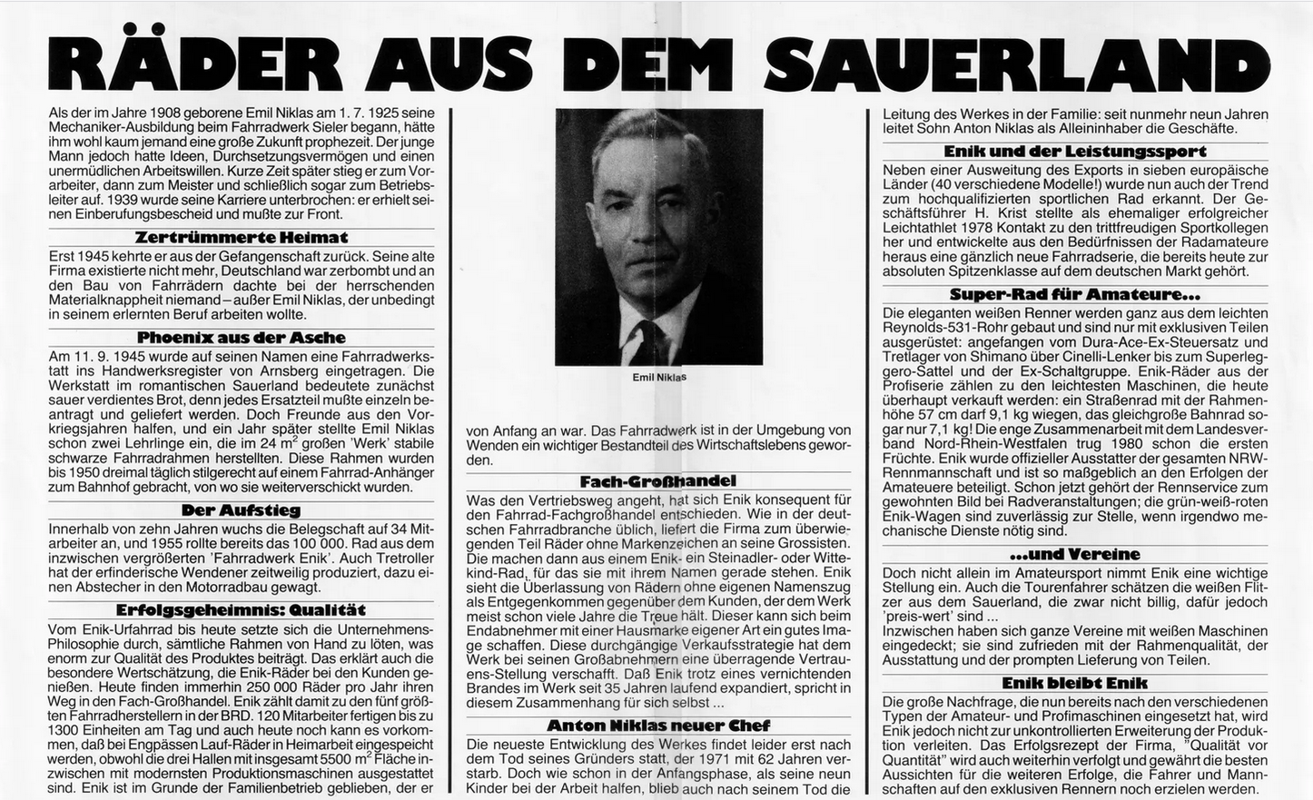 Ein Bericht aus der Zeitschrift TOUR im Jahre 1980 zur Eröffnung der Radrennbahn in Büttgen, die Enik auch als Sponsor unterstützte
