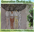 Logo Generation Ökofair e.U.: vier handgezeichnete Menschen unterschiedlicher Hautfarbe stecken die Köpfe zusammen, so dass sich ihre Haare zu einer großen Gedankenbalse verbinden.  Untertitel: FAIRkaufen - FAIRteilen - FAIRbinden