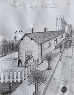 Landschaft, Straße, Haus, Tuschezeichnung, Christian Niklis