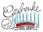 Das Logo von Tunella's Geschenkeallerlei ist selbst entworfen und von Hand mit Faserstift gezeichnet. Die Schrift ist geschwungen und verschnörkselt, gestaltet in den Farben schwarz, blau und rot.