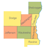 Milwaukee, Waukesha, Ozaukee, Washington, Dodge, Sheboygan, Racine, Jefferson Counties