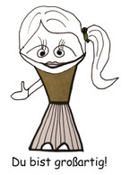 Weibliche Comic-Figur Wirrlies mit Pferdeschwanz und der Unterschrift Du bist großartig