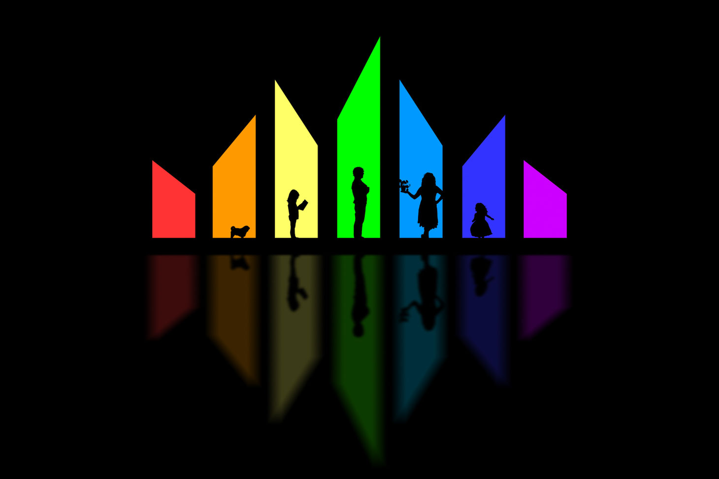 silhouettes of 2 parents, 2 kids, and one dog in rainbow coloured stained glass windows. Their reflections are on the floor.