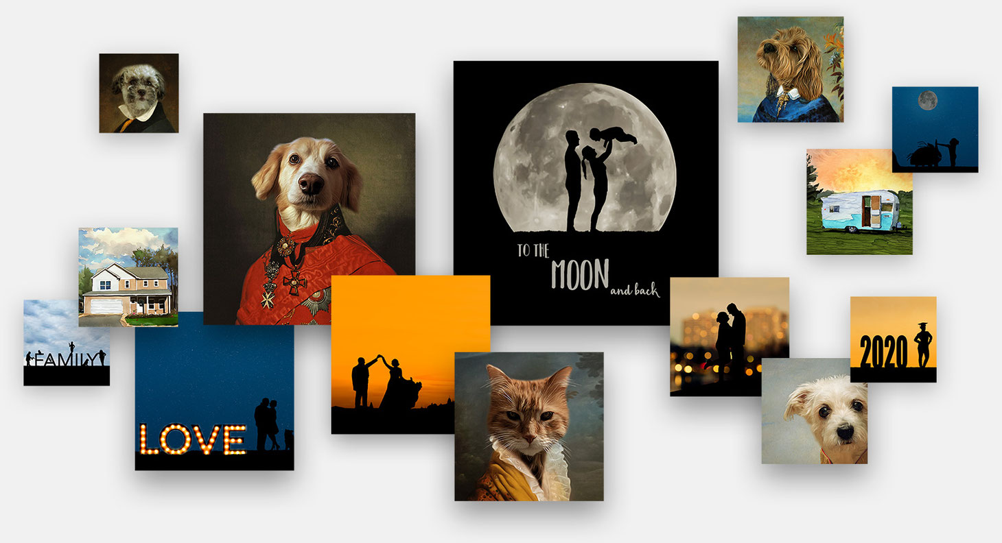 Collage of digital art options including silhouettes and portraits of dogs and cats in regal costumes