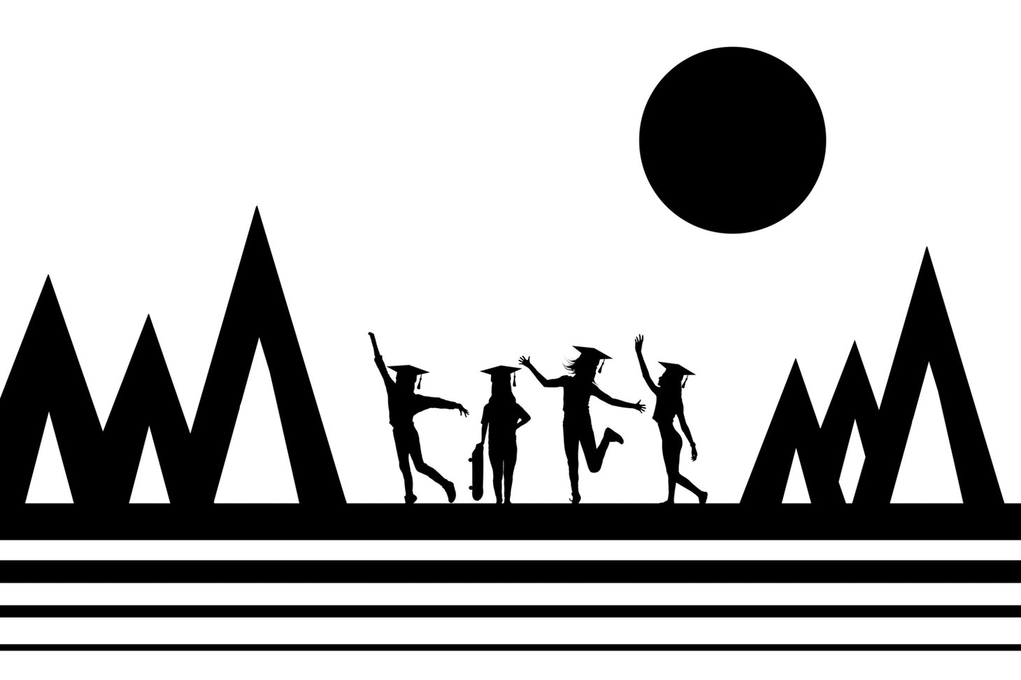 silhouettes of 4 girls on a black and white abstract digital backdrop of lines, triangles, and a circle for a sun. Image is black and white.