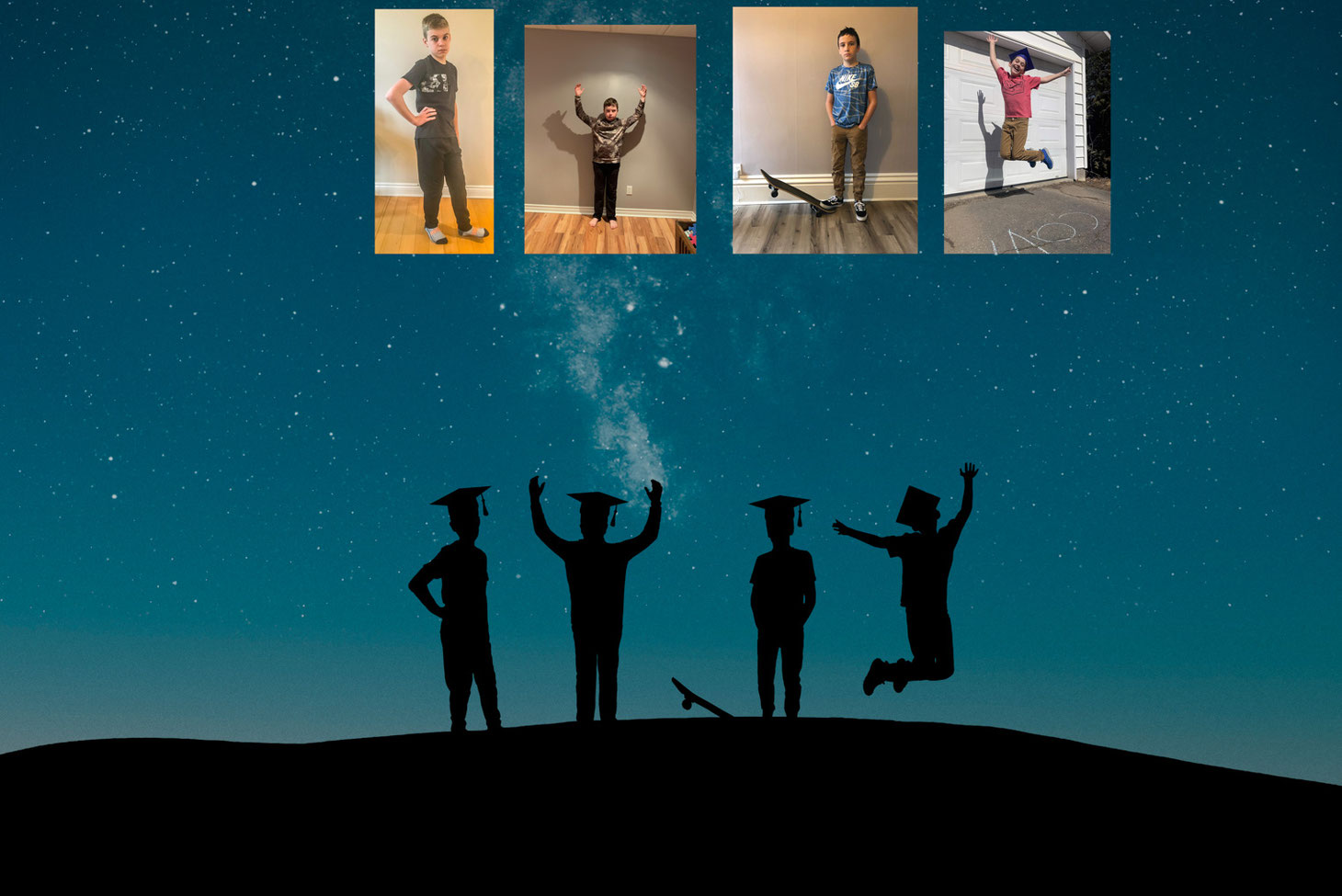 silhouettes of 4 boys in graduation caps against a teal sky with the milky way