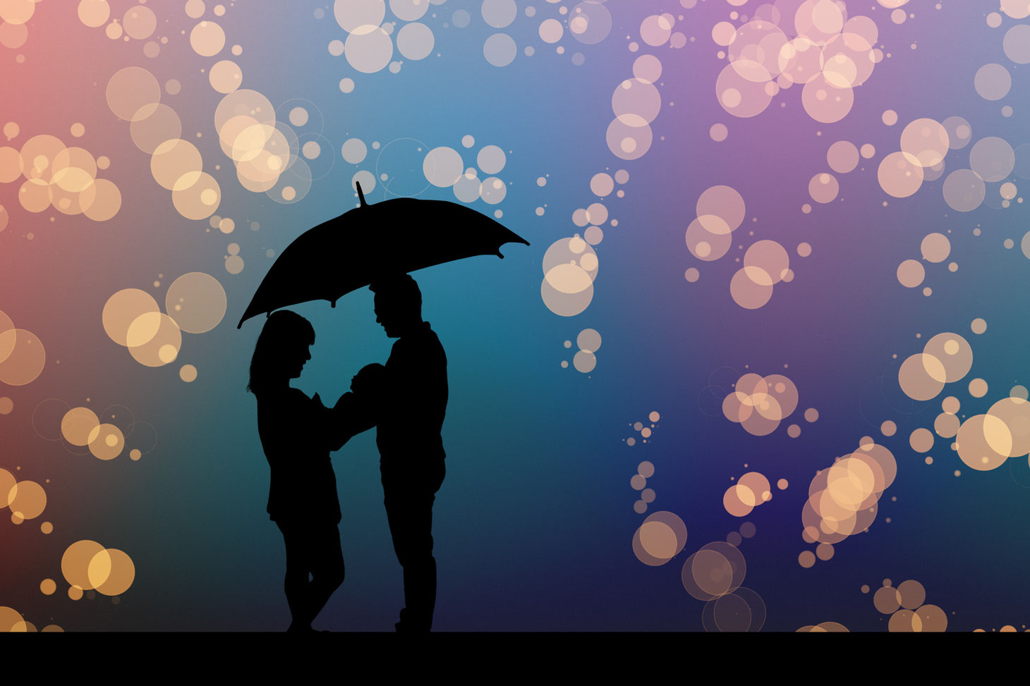 silhouettes of mom, dad, and small baby with an umbrella. Background is an out of focus rainbow. Parents are holding an umbrella shielding them from dropping gold glitter. 