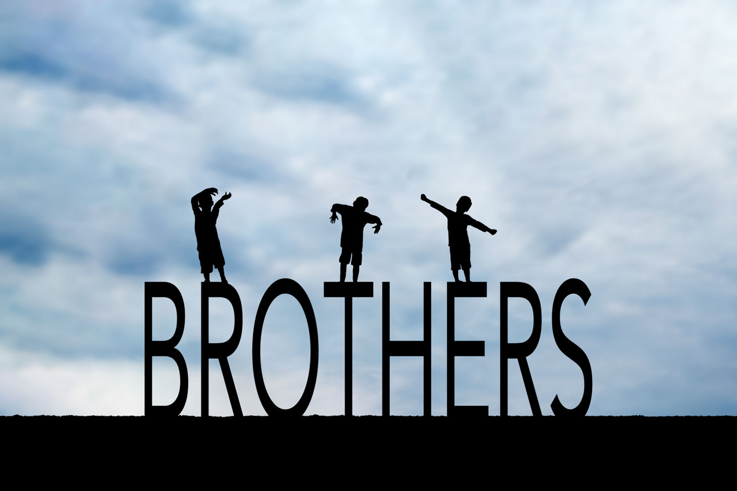 silhouettes of 3 boys on the letters BROTHERS. Sky is blue.