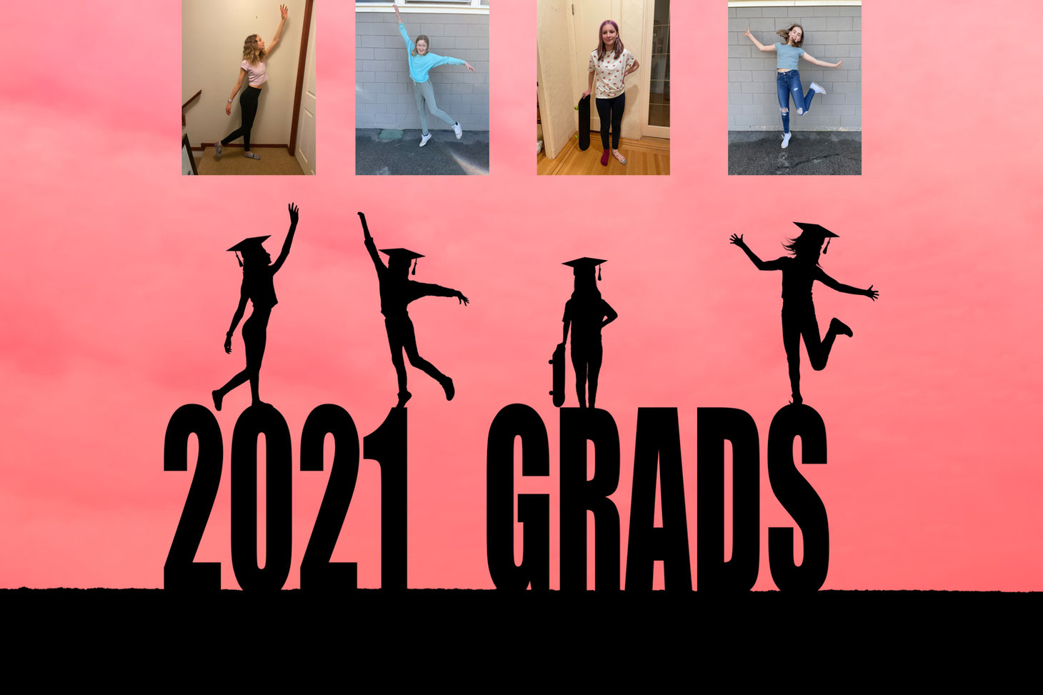 Silhouette of 4 girls in grad hats on top of letters reading 2021 GRADS with a pink sky