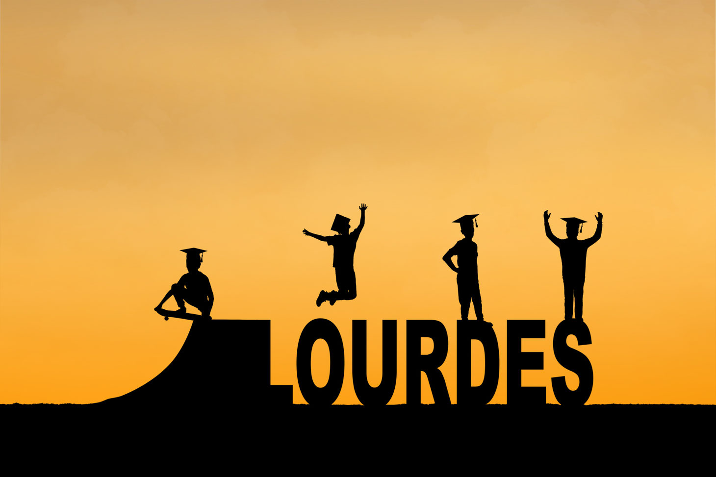 silhouettes of 4 boys in grad caps on top of the letters lourdes. The sky is orange. There is a skateboard ramp next to the L