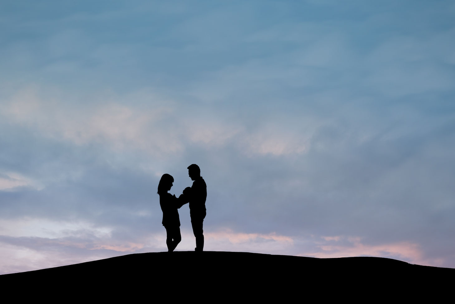 silhouette of mother, new baby, and father on a hill against a blue and pink sky with clouds