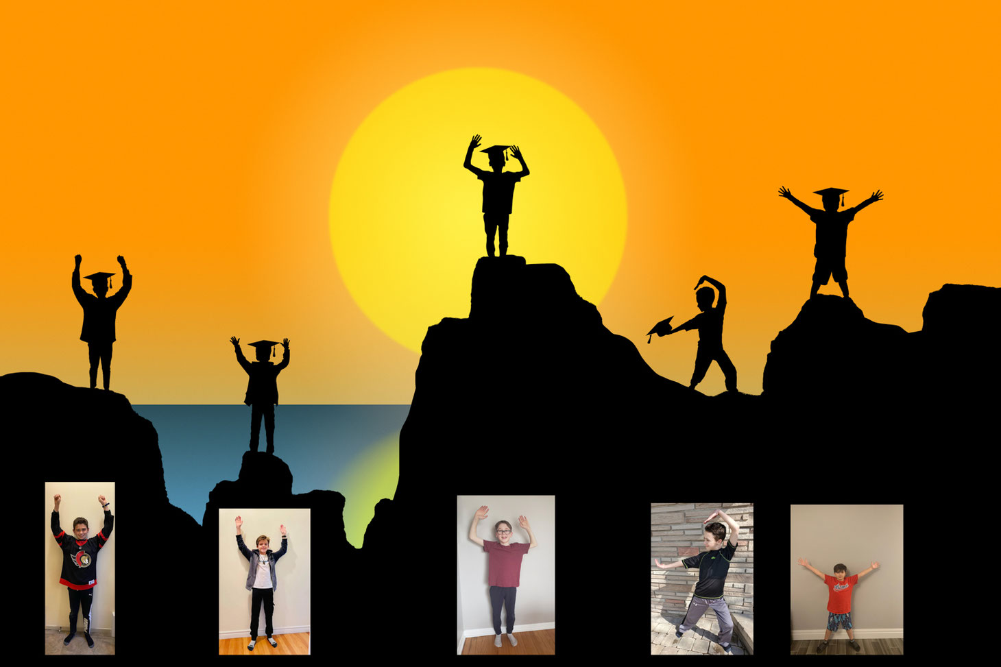 silhouettes of 5 boys with grad caps in front of a digital drawing of cliffs, blue water, orange sky, and yellow sun with reflection n the water.