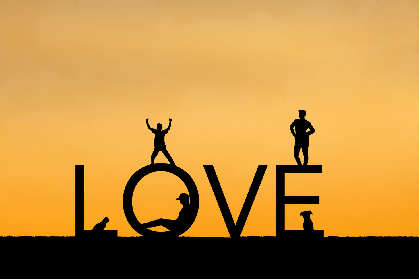 Silhouettes of 2 parents, one child, and 2 dogs on the letters LOVE. Sky is orange. 