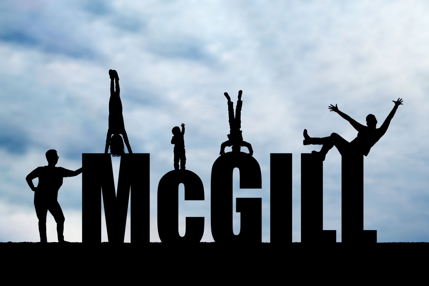 silhouettes two moms and three children on the letters McGILL. One mom is leaning against the M, other mom is sitting on the last L. Oldest child is doing a handstand on the M. Smallest child is standing on the C reaching to the sky. Middle child on G. 