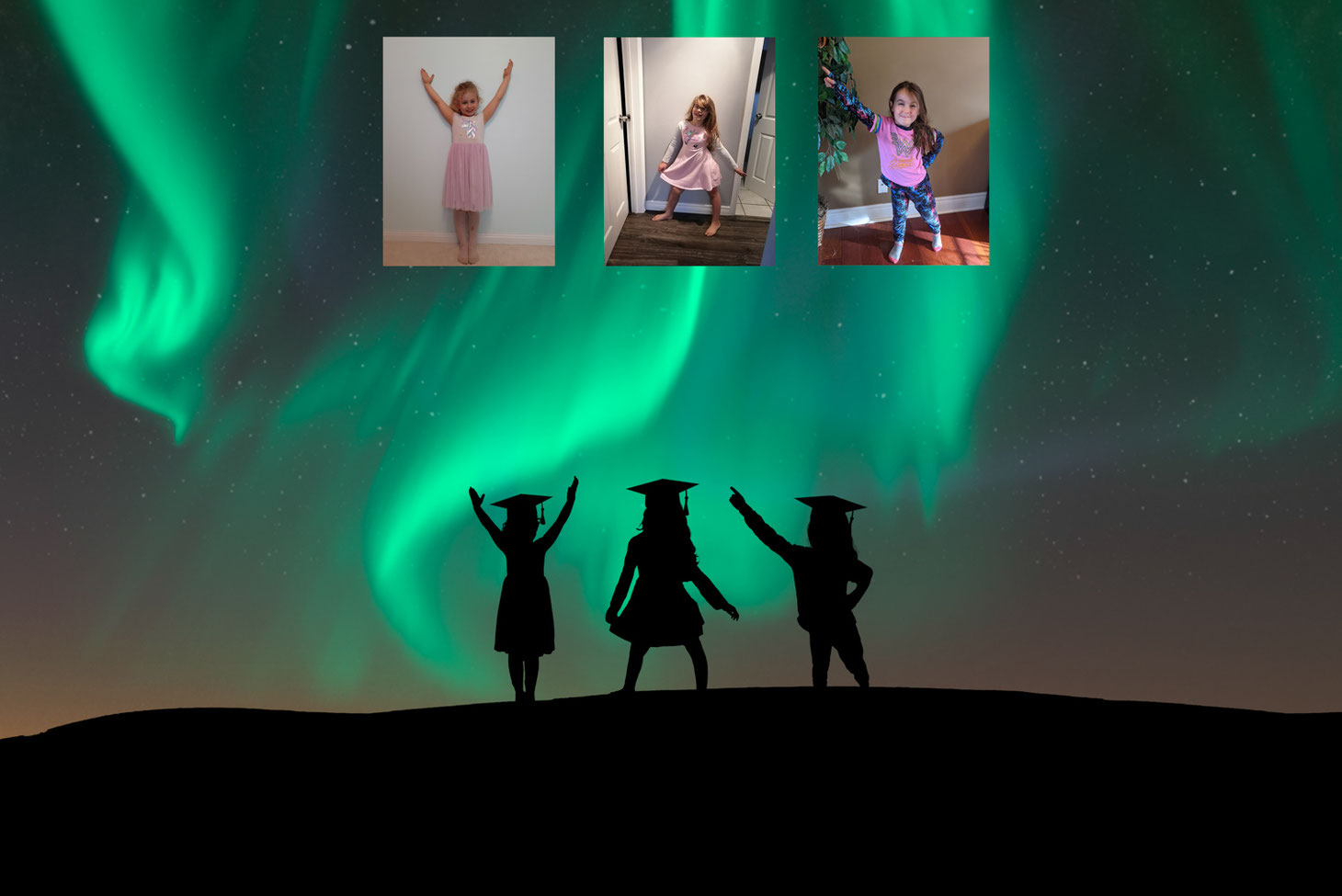 silhouettes of 3 girls with grad caps in front of a sky with the northern lights. 