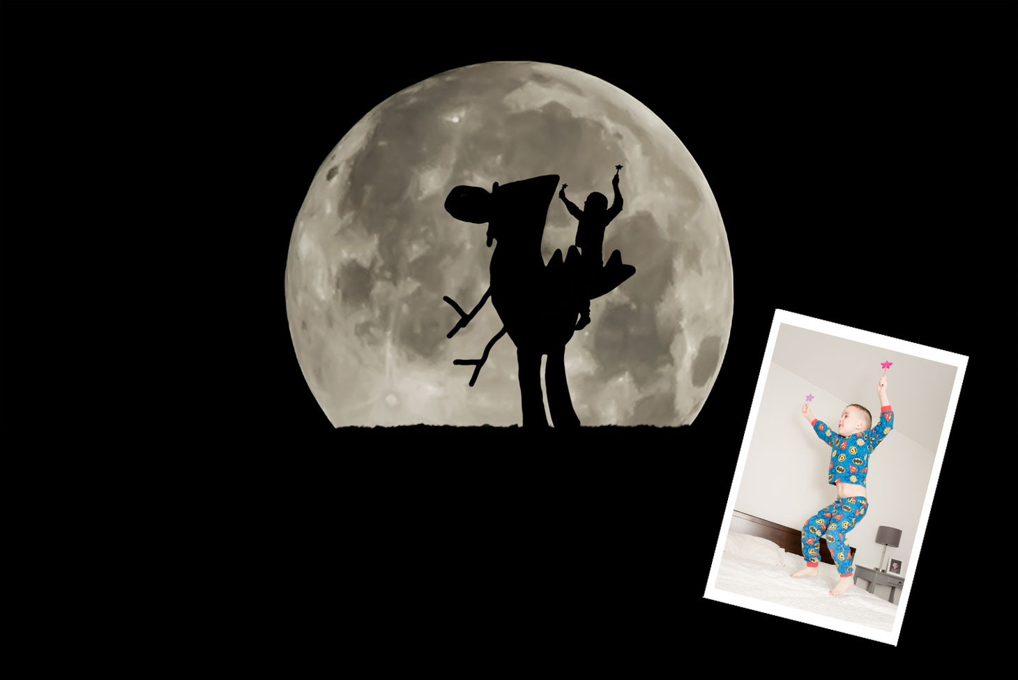 Photo of child riding a child's drawing of a dinosaur in silhouette in front of a large moon. Imposed on the photo is the original photo of the child not in silhouette. Child is wearing blue pyjamas with superhero logos. He is jumping on a bed.