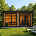 Wellness-Container Metella mit Sauna und Lucertus Fitnessausrüstung