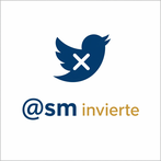 Logo cuadrado de X en fondo blanco, con el texto "@sm" en azul y "invierte" en dorado.