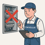 alt="Contrôleur en salopette pointant une armoire électrique non conforme lors d’un contrôle périodique Q18, illustrant l'importance de la mise en conformité des installations électriques professionnelles selon les normes en vigueur."