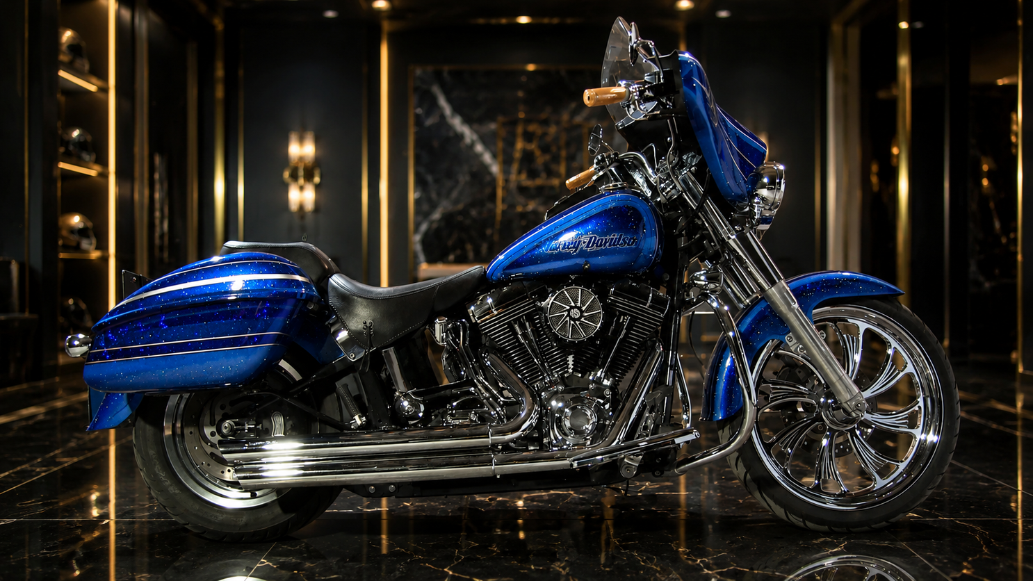 ローライダー風にフレーク塗装ベース、でキャンディーカラーとソリッド塗装を使ってグラフィックス調デザインで、ハーレーダビッドソンをカスタムペイントしました。ハーレーカスタムペイント