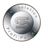 Blue:Solution ProfiPartner-Siegel. Rundes Siegel mit Blue:Solution-Logo und ProfiPartner-Beschriftung