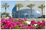 Das Salvador-Dali-Museum in St. Petersburg, Florida in den USA. Im Vordergrund ist eine Bougainvillea, dahinter stehen Plamen, dahinter ist das top moderne glasverspiegelte Museum.