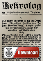 Der historische Nekrolog auf Johann Sebastian Bach mit der gleichnamigen riesigen Überschrift. Das Blatt selbst ist alters-beige und besteht aus altem deutsche Text.