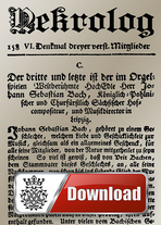 Der historische Nekrolog auf Johann Sebastian Bach mit der gleichnamigen riesigen Überschrift. Das Blatt selbst ist alters-beige und besteht aus altem deutschem Text.