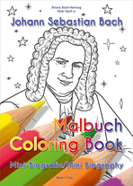 Das Bach-Malbuch im Bach-Shop. Der Titel ist in Deutsch und Englisch. Man sieht eine Zeichnung von Johann Sebastian Bach und unten fünf bunte Malstifte.