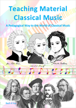 The cover page of the Classical Music Teaching Material: Three composers as chibis are at the top, five classical composers are at the bottom. In between is a score line with notes.