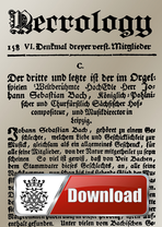 The historical necrology on Johann Sebastian Bach, with the huge heading of the same name. The leaf itself is old beige and consists of old German text.