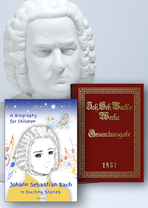 Three articles are offset and next to each other: In front on the left is the "Bach Biography for Children", on the right a red volume "Complete Edition", behind it is a large bust of Bach against a light gray background.