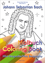 The Bach coloring book in the Bach Shop. The title is in German and English. You can see a drawing of Johann Sebastian Bach and five colorful crayons at the bottom.