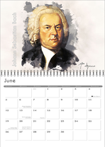 A Bach brochure calendar, that is a Bach portrait at the top and a half-page calendrical at the bottom.