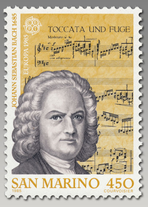 A Bach stamp in light yellow and gray. It is from San Marino and the face value is 450 lire. In the lower left half is a portrait of Bach, the background is Bach's sheet music.