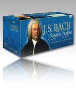 The complete works of Bach's music in a blue CD box with Bach's portrait on it. The box is reflected on the white background and underground.