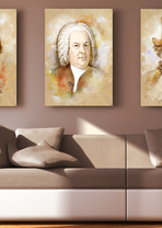 Three pictures in shades of brown hang above a living room sofa, with only the middle one visible. It depicts Bach. The sofa with cushions is visible in the lower half.