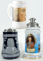 The modern Bach beer stein at the top, the Bach beer stein from 1985 at the bottom left and the most beautiful Bach beer stein from the year 2000 at the bottom right.