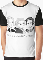 A male model is wearing a T-shirt, you can't see his head. On it are three portraits of the young composers Bach, Beethoven and Mozart as chibis.